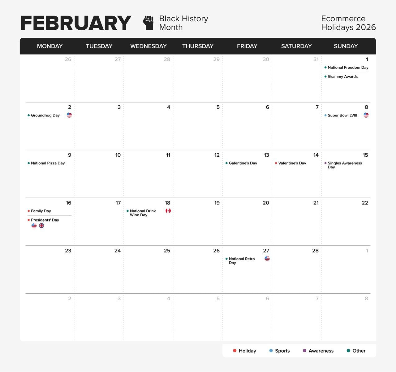 Printful’s eCommerce holiday calendar for 2026, month - February.